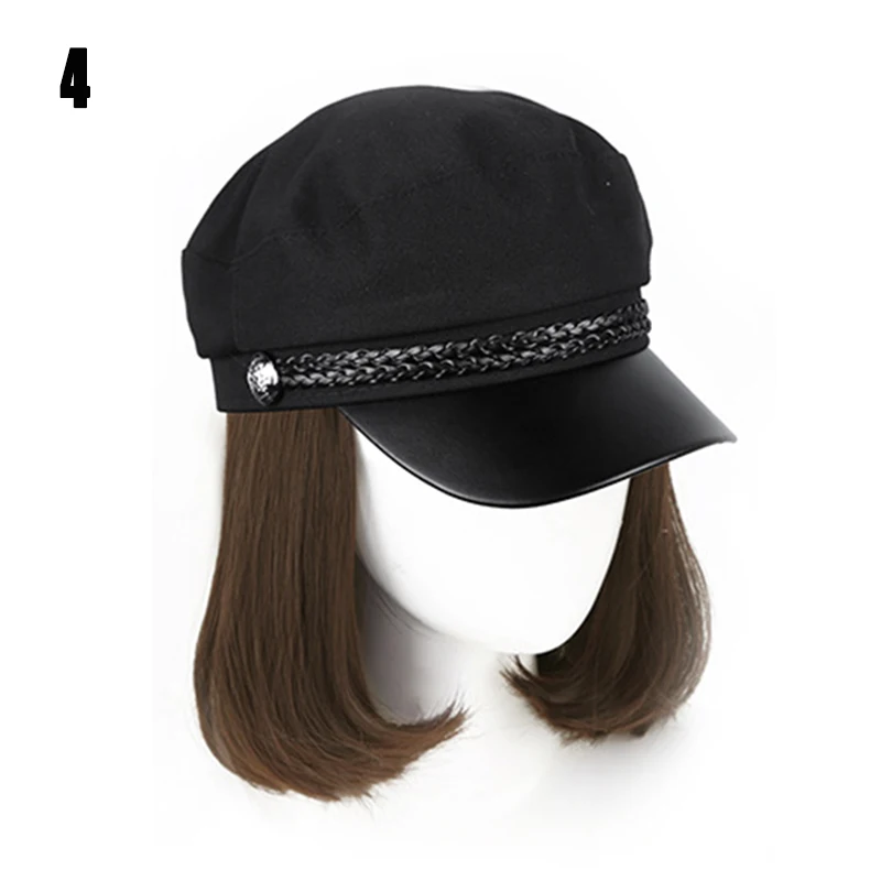 Hats with Wig Attached for Women Cap with Short Bobo Black Straight Hair Costume Disguise KG66 - Цвет: light brown