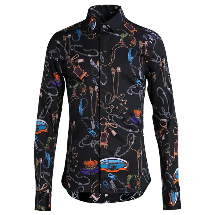 

Personality Printing Men Shirt Hight Quality Long Sleeve Dress Turn-down Collar Mens Shirts Casual Slim Fit