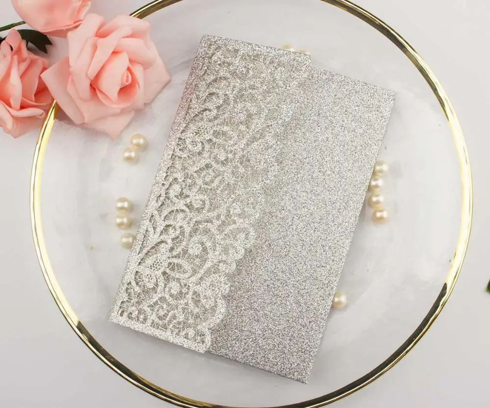 Burgundy Navy Blue Rose Gold Vine Vantage Tri-fold Shinny Glitter Paper Laser Cut Pocket Wedding Invitation Cards Envelope 1pcs