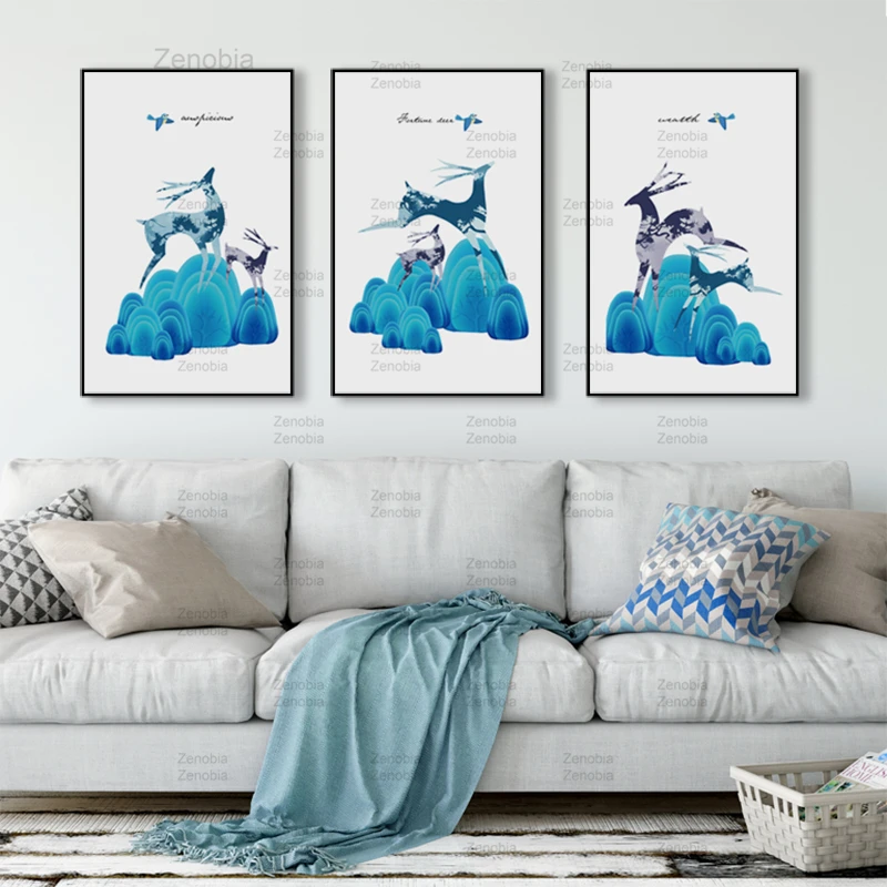 

Abstract Canvas Painting Nordic Decoration Blue Deer Wall Art Modern Minimalist Posters and Prints Wall Pictures for Living Room