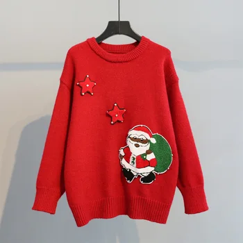 

New red Christmas women knitted sweaters and pullovers preppy style cute lady pulls outwear coat tops