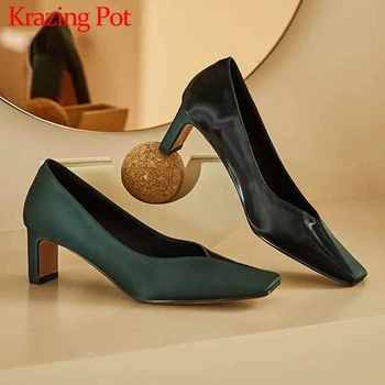 

Krazing pot genuine leather French fashion mixed colors square toe high heels slip on elegant mature women breathable pumps L06