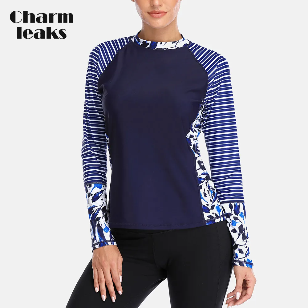Charmleaks Женский Топ с длинным рукавом Rashguard, купальник в полоску с цветочным принтом, купальник для серфинга, топ для дайвинга, рубашка Rashguard UPF 50 - Цвет: Nav