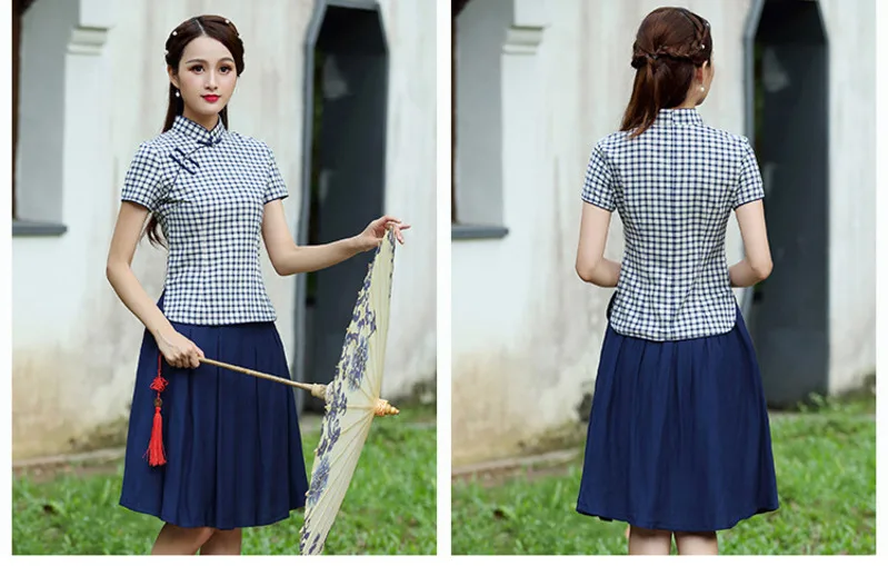 Sheng Coco Женская клетчатая блузка темно-синего цвета ретро платье Ципао Топы Одежда в китайском стиле рубашка с коротким рукавом Блузка Hanfu