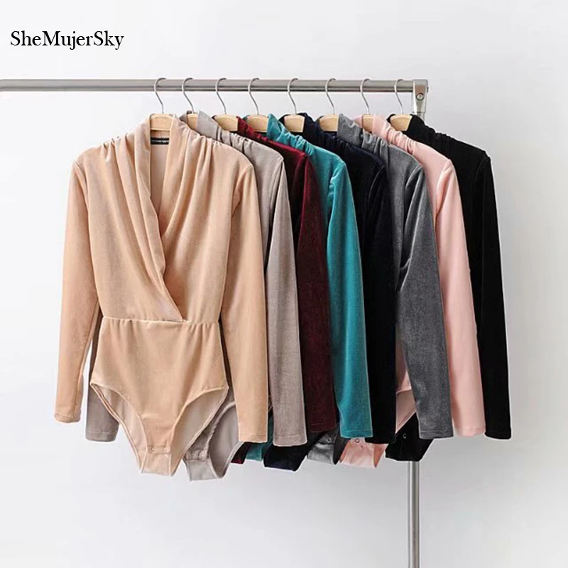 Tanie SheMujerSky jesień welur kobiety body seksowny kombinezon 2017 V na kark i ciało kobieta kombinezon z długim rękawem kombinezon damski