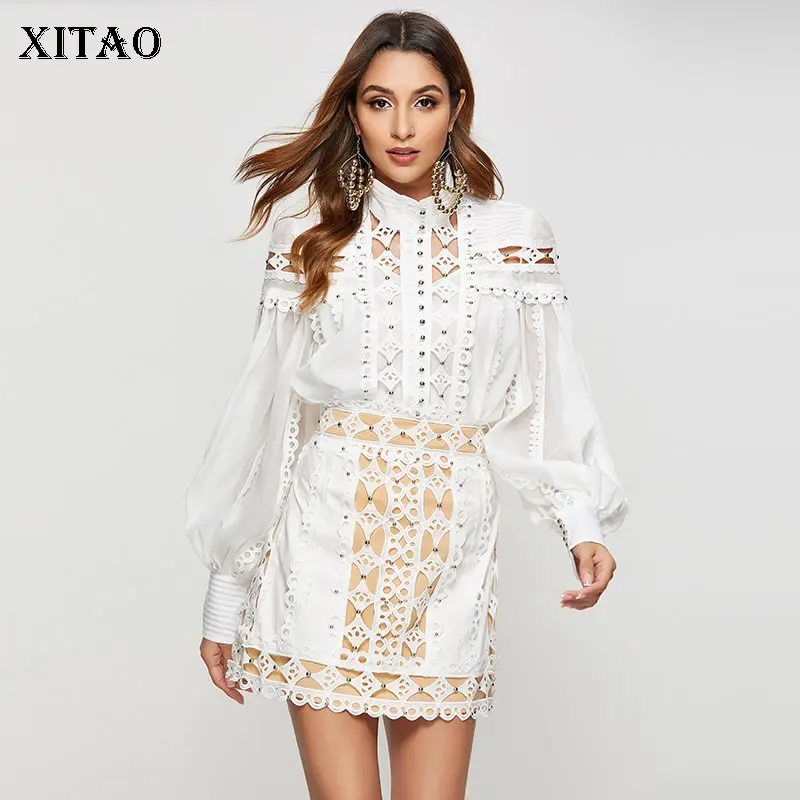 white GCC1437 XITAO открытая Сексуальная Блузка Женская корейская мода новая вышивка лоскутное лук осень с пышными рукавами пуловер рубашка GCC1437 - Цвет: white GCC1437