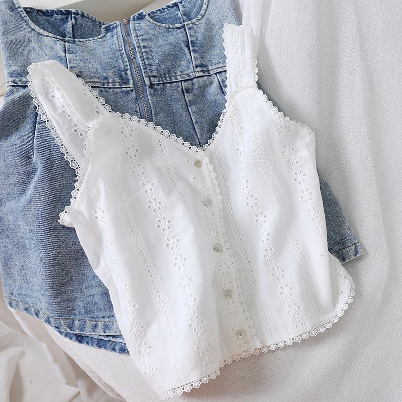 

summer new lace women camisoles v-neck hollow out short solid white female tops tees fashion t-shirts outwear tops