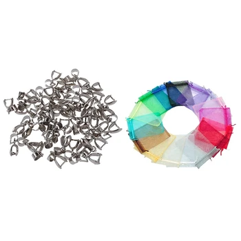 

50PCS Findings Bail Connector Bale Pinch Clasp Pendant 16X7mm(Silver Color) & 50 Pieces Multi-Colored Organza Gift Bags