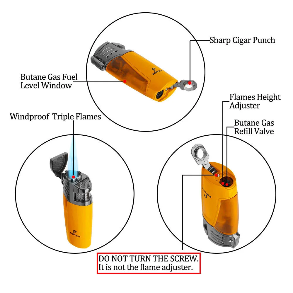 PIPITA ветрозащитная Зажигалка для сигар, 3 фонарь, металлическая газовая зажигалка для сигарет, Бутановая Зажигалка, многоразовая зажигалка с перфорацией