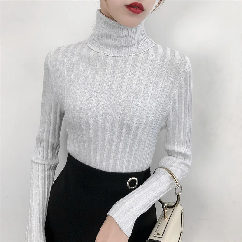 

Shiny Lurex Thick Turtleneck Autumn Winter Sweater Women Basic Bottoming Tops Female Long Sleeve Slim Sweaters Truien Dames
