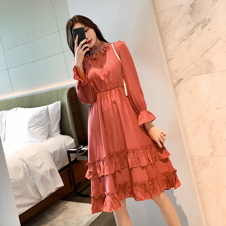 

2020 Spring Clothing New Style Half-Turtle-Neck French Flounced Waist Hugging A- line Dress Spring Skirt
