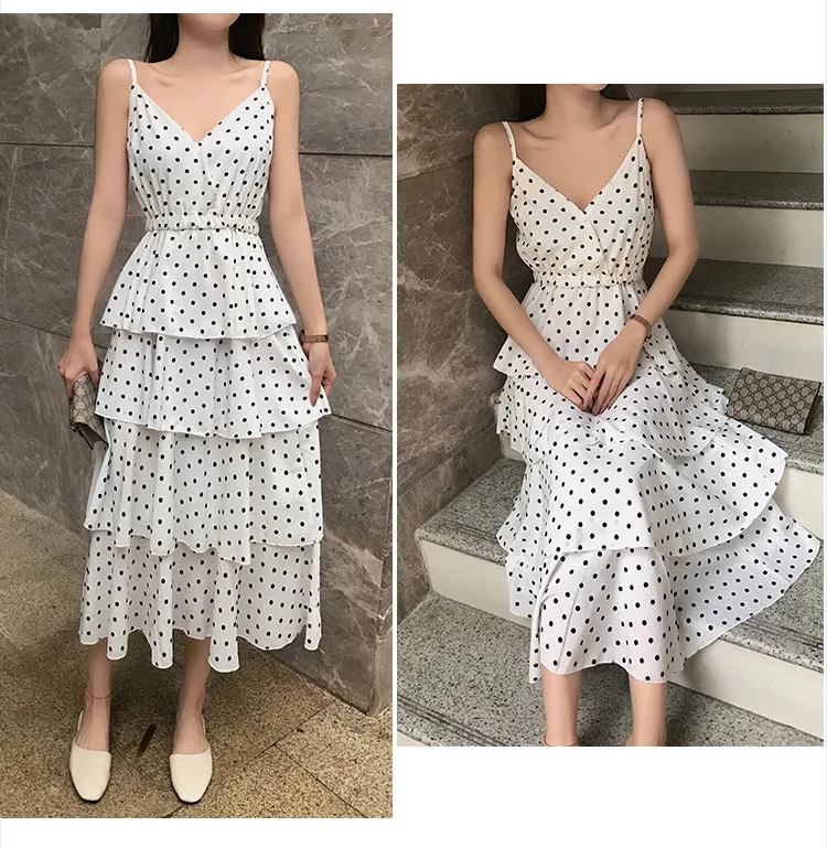 

2019 New Style Hipster Gentle Wind Strapped Dress Women's Summer Beach Long Skirts Polka Dot Cake V-neck Full Body Dress