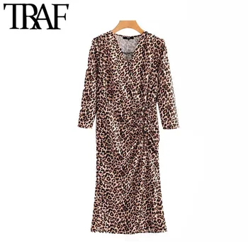 

TRAF Women Vintage Stylish Leopard Print Draped Midi Dress Fashion V Neck Long Sleeve Female Dresses Chic Vestidos Mujer