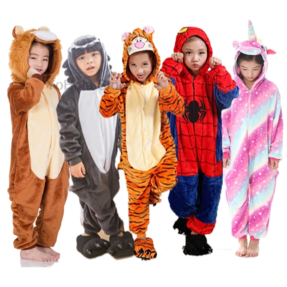 Winter Soft Warm Unicorn Lion Spider Kigurumi Pajamas Hooded Animal Cartoon Cosplay Boys Pyjamas Pajamas for Kids Sleepwear designer pajama sets