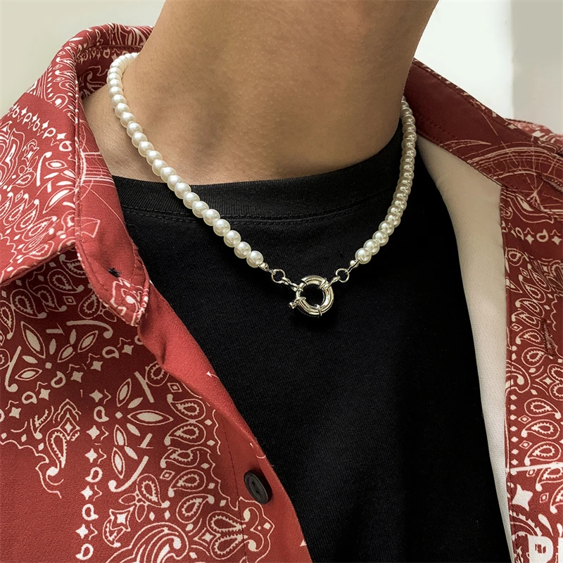 Simple Design Imitation Pearl Beaded Necklace Trend Fashion Style Metal Geometric Pendant Jewelry Accessories Men | Украшения и
