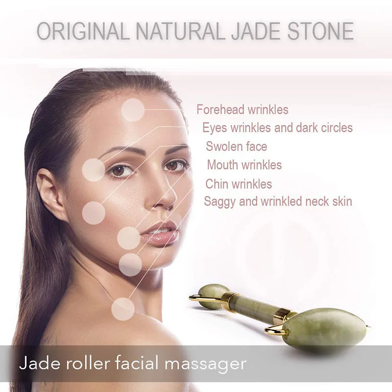 Free Shipping Double Head Facial Massager Roller Natural Jade Stone GuaSha Face Slimming Body Head Neck Natural Massage Tool