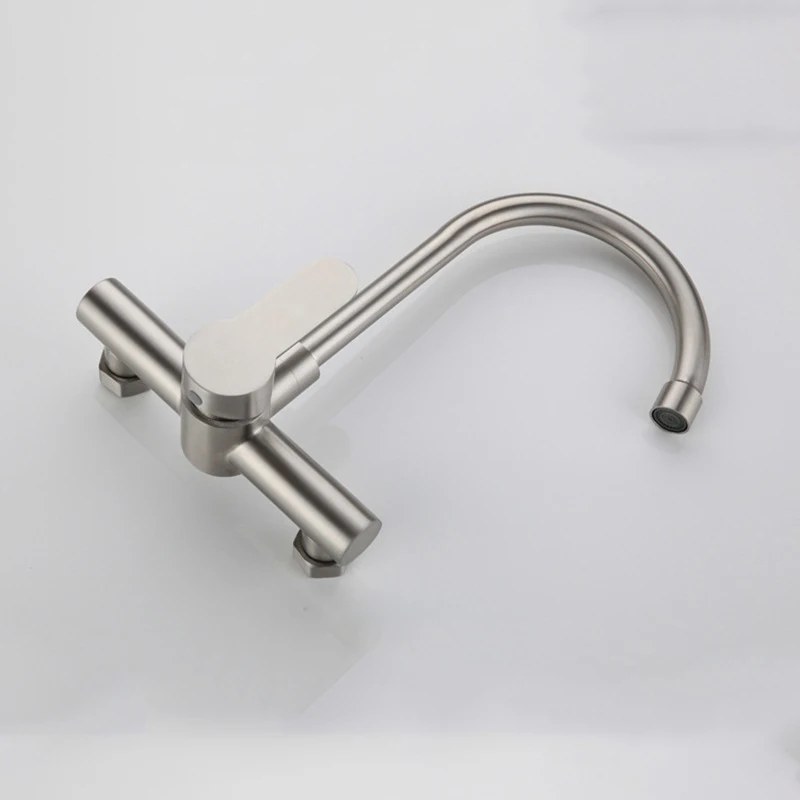 Kitchen Faucet Stainless Steel Bathroom Basin Sink Tap Wall Mounted 360 Degree Swivel Double Hole Hot Cold Water Mixer Tap Crane