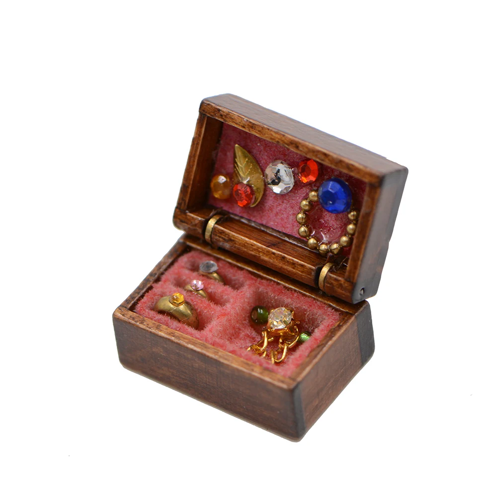 1//12 Wooden Filled Jewelry Box Miniature Chest Case Dollhouse Decor Accessories