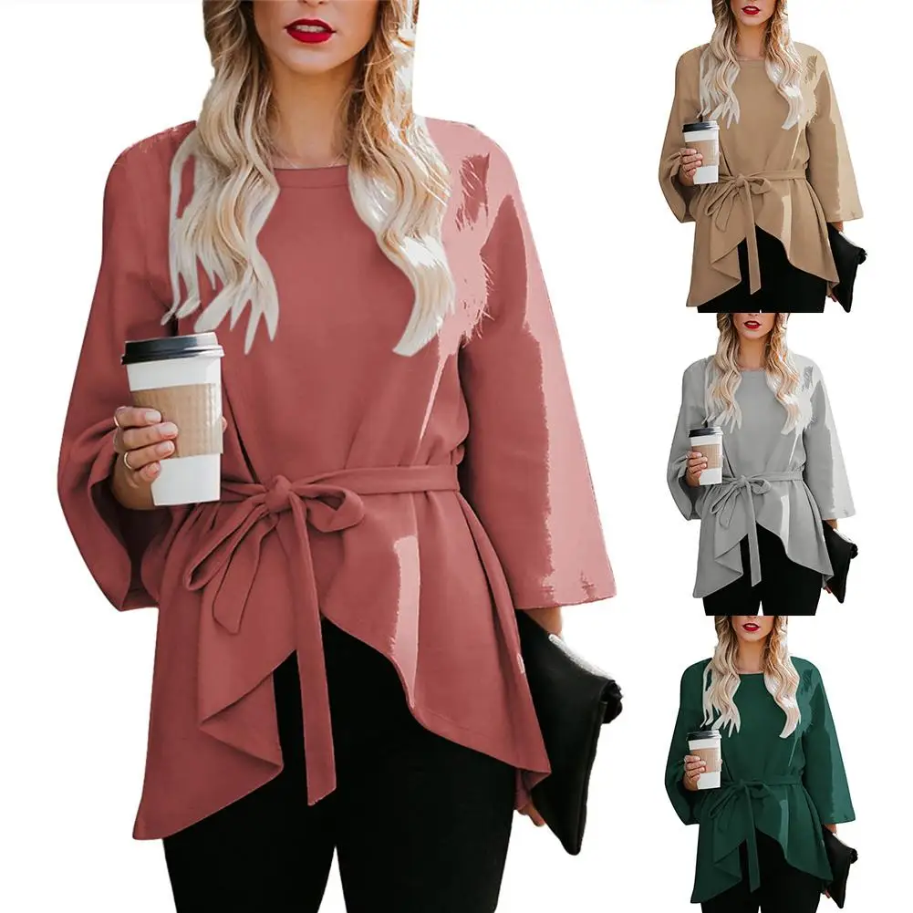 Fashion Women Autumn Solid Color 3/4 Sleeve Waist Belt Loose Irregular Lace up Sweatshirt Blouses | Женская одежда