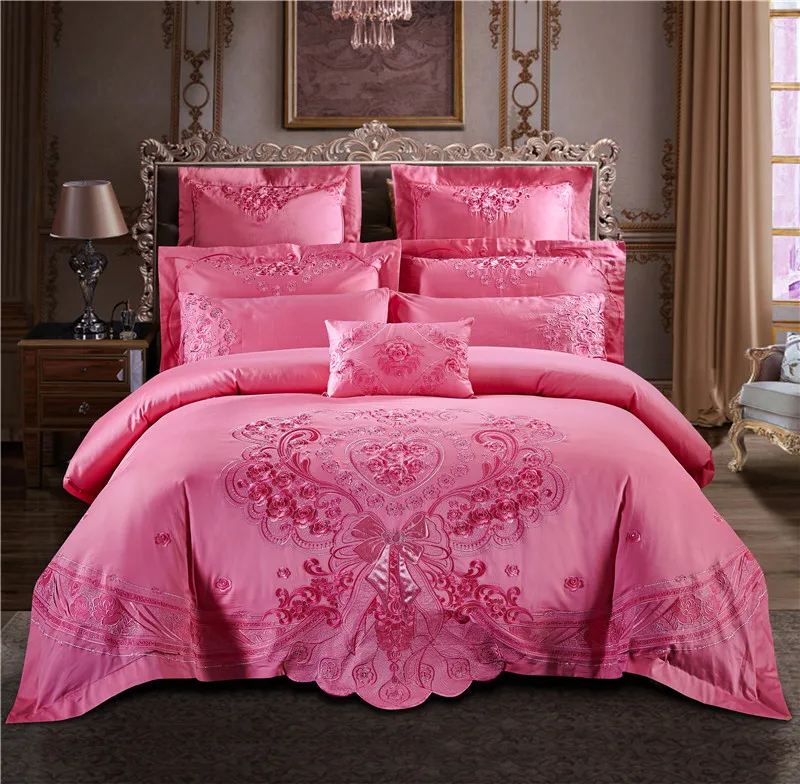 Luxury Embroidery Bedding Red Color Satin Wedding Bedding Set Queen