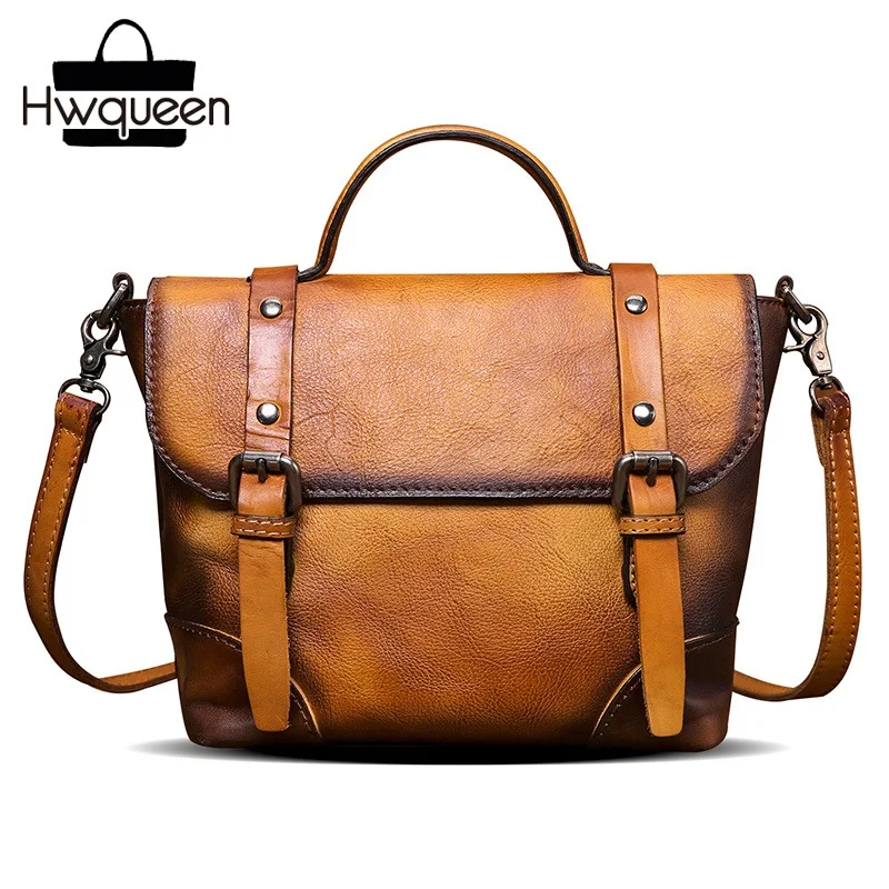 

Vintage Genuine Vegetable Tanned Leather Women Rivets Messenger Bag Real Cow Skin Lady Single Shoulder Bag Female Small Handbag