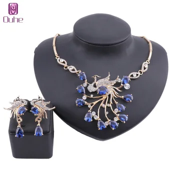 

Luxury Women Blue Cubic Zircon Glittering Phoenix Crystal Statement Necklaces Earring Wedding Party Jewelry Set