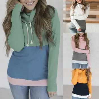 

Women Color Block Hoodies Sweatshirt Drawstring Cowl Neck Long Sleeve Sweatshirt Pullover Loose Winter Autumn sudadera mujer
