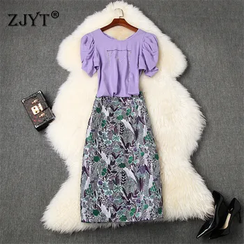 

Summer Suit Women 2020 New Fashion Designers Puff Sleeve Beading T Shirt Print Pencil Skirt 2 Piece Matching Set Top Skirt