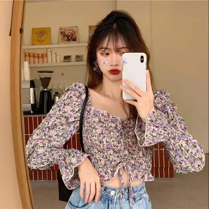 

Plus Size Women Clothing Spring Autumn Casual Tops Vintage Printed Crop Top Chiffon Blouses Flare Long Sleeve Shirts White Black