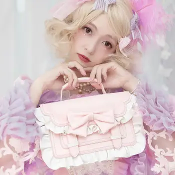 

Harajuku Sweet Lolita Sugar Cream Satchel Bag Kawaii Ruffles Handle Bag Cosplay Bow Messenger Bags England Uniform Shoulder Bag