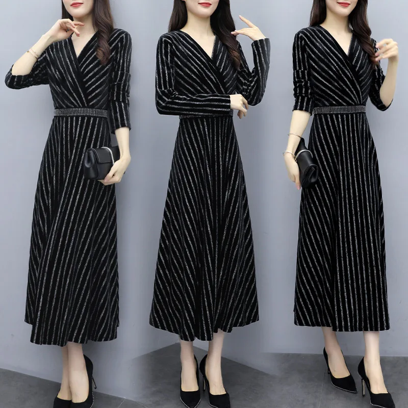 

2019 Autumn New Style Elegant Ladies' Stripes V-neck Lace-up Waist Hugging Slimming WOMEN'S Dress-Style Skirt Fashion
