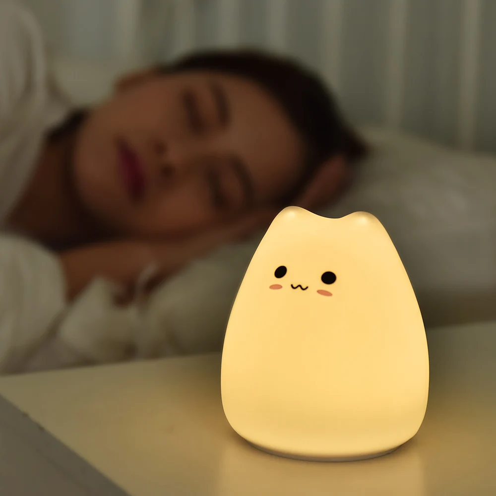 고양이 밤 빛 터치 센서 원격 제어 RGB LED 디 밍이 가능한 USB 충전식 만화 실리콘 밤 램프 어린이 아기 선물