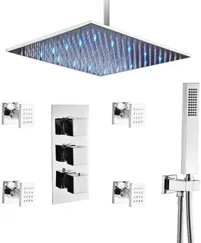 

Luxury Shower set 12 Inch Modern Thermostatic Brass Ceiling Rainfall LED Chrome Shower System, Body Spray Volume Adjustable