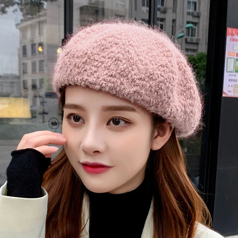 

Sparsil Women Winter Beret Cap Solid Color Female Hats Outdoor Warm Particle Fleece Painter Hat Literary Pumpkin Hat Girl Female