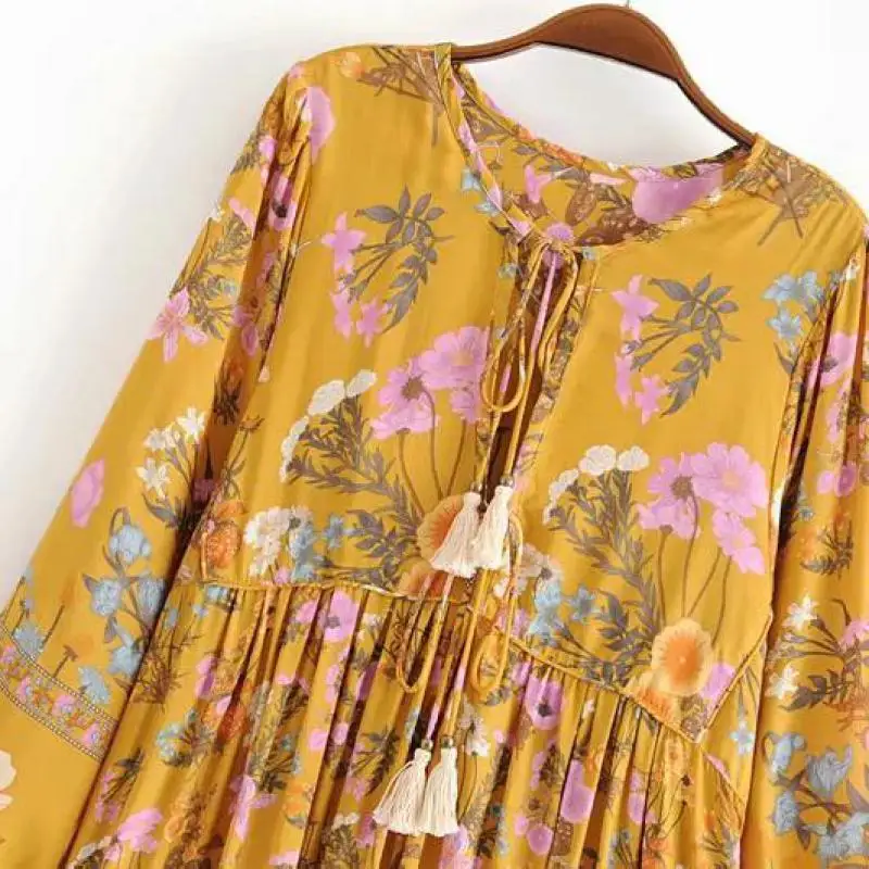 Женское платье с кисточками Boho летнее Свободное длинным рукавом цветочным