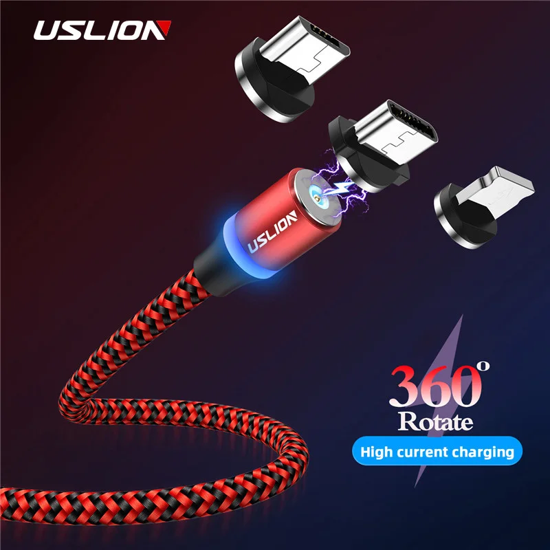 Магнитный USB кабель USLION 1 м 2 со светодиодной подсветкой типа C и Micro для iPhone Xs Max 8 7 6