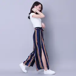 2018 новый стиль, корейский стиль, высокая талия, на шнуровке, в полоску, свободные штаны, Женская универсальная юбка с разрезом