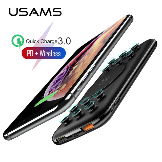 USAMS Qi Wireless Power bank 10000mAh PowerBank Charger for iPhone Samsung fast charging QC 3.0 18W PD Portable External Battery