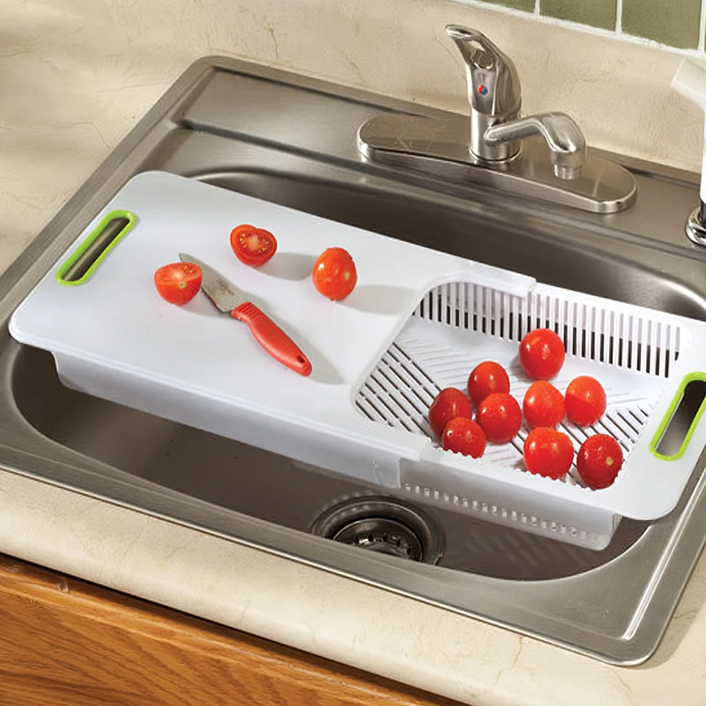 

2 in 1 Kitchen Retractable Chopping Board with Drain Basket for Kitchen Vegetable Fruit Meat Multi-Function Cutting Board