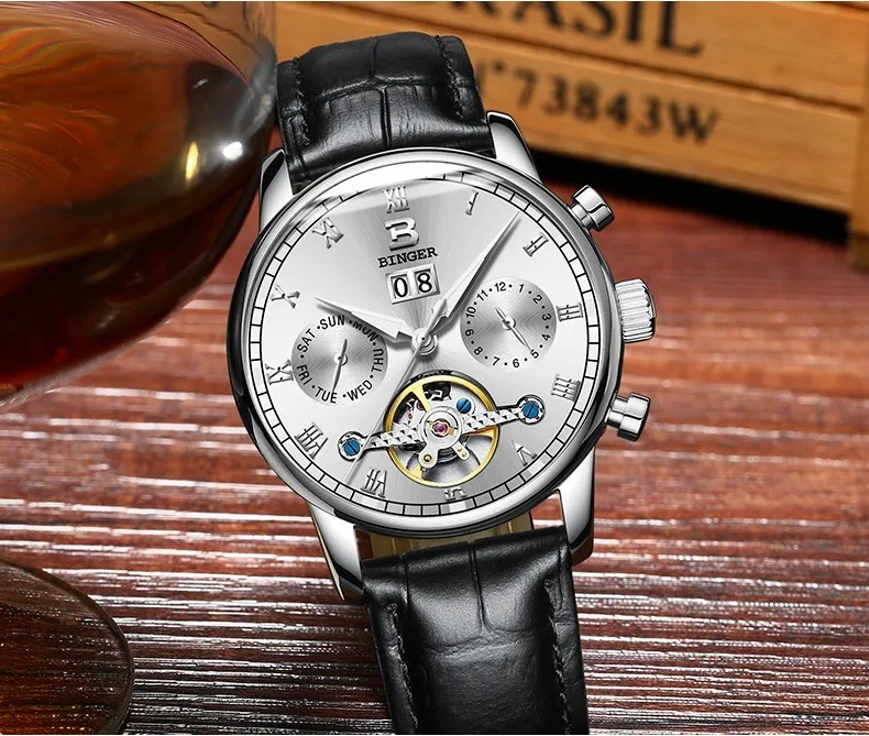 Швейцарские Бингер мужские часы люксовый бренд Tourbillon fulll нержавеющая сталь водонепроницаемые часы Механические наручные часы B-8604
