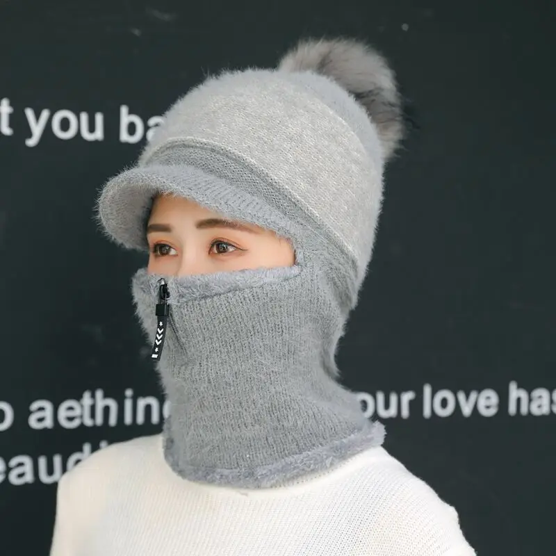 

Hot Sale Female Winter Knitted Hats Scarf Set Rabbit Hair Blend Warm Winter Hats For Women Zipper Thick Balaclava Pompoms Cap
