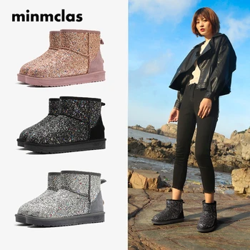 

Minmclas Sequin Snow Boots Female Short Student Waterproof 2019 New Fashion Wild Flat Bottom Non-slip Warm Shoes Women's Boots