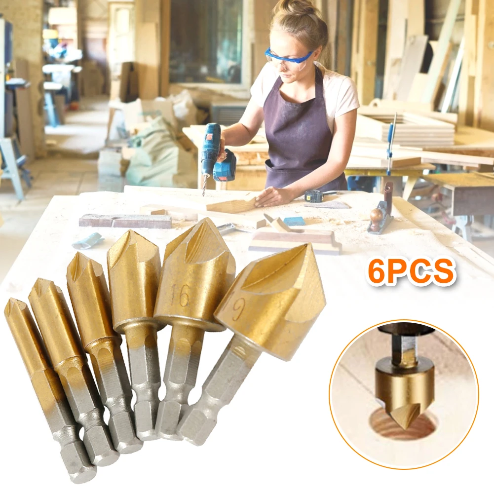 

6 Pcs Flute Countersink Drill Bit Set Center Punch Set 1/4'' Hex Shank HSS 5 Flute Countersink 90 Degree Tool Sets 6mm-19mm