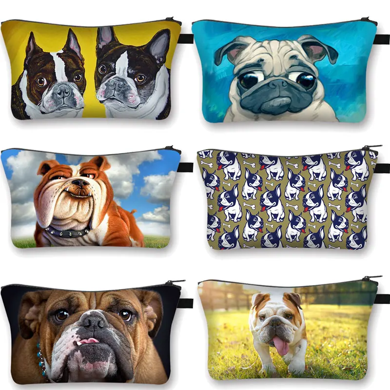 Bolsa de cosméticos con dibujo de Bulldog Francés, neceser pequeño con diseño de dibujos animados para viaje, accesorios de maquillaje, organizador de mascotas, estuche de aseo