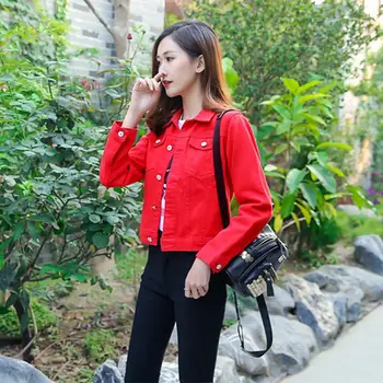 

Women's Solid Denim Coat Candy-colored Long Sleeve Female Jacket Slim Short Casual Denim Ladies Coat Tops New Fashion