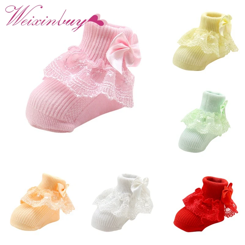 Newborn Baby Girl Cotton calcetines Kid Flower Print Knitted Ankle Lace Socks