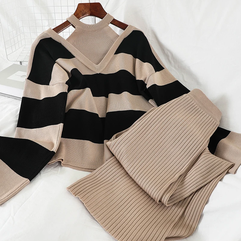 

Mooirue 2019 Winter Autumn Kintting 2 Piece Sets Women Turtleneck Striped Pullover + Elastic Wide Leg Pants Vintage Sweater Sets