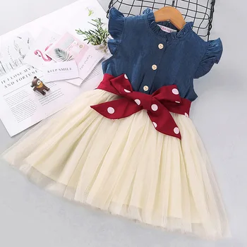 

Girls' dress summer 2020 new denim stitching mesh skirt + polka dot belt Korean girl's clothing 2-6yrs wear