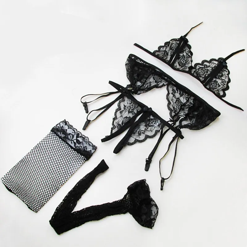 

Sexy Lingerie Set Temptation Lace Push Up Transparent Bra Set Erotic Women Underwear Bras + G-String + Net Socks + Sling