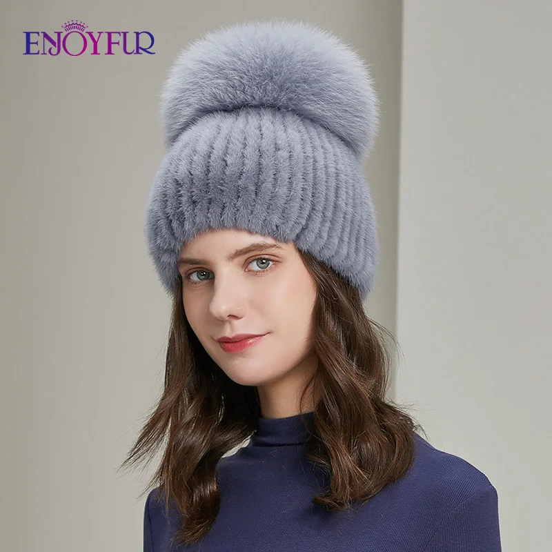 ENJOYFUR – Bonnet large en fourrure de lapin pour femme